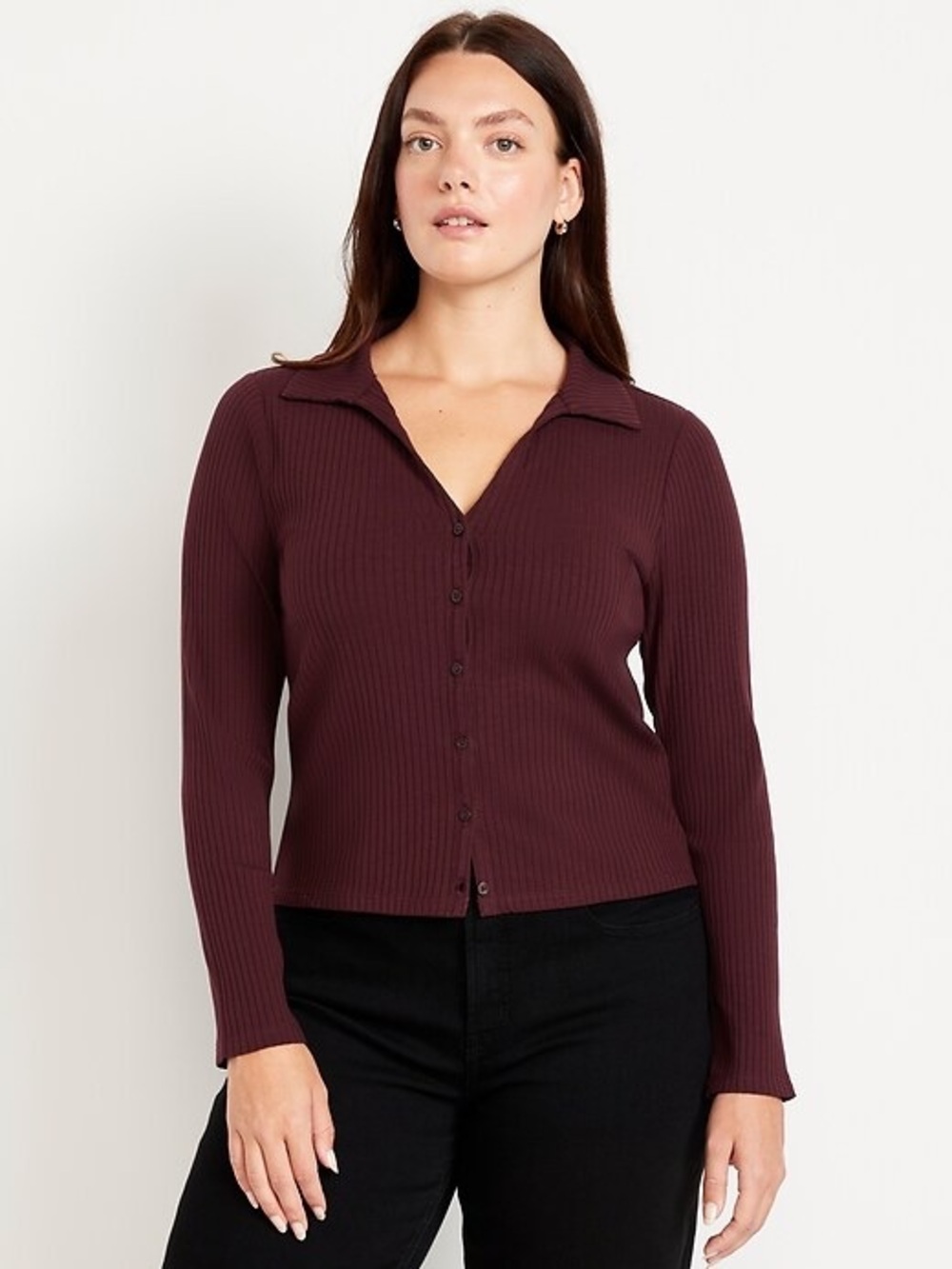 Old Navy Women's slim Ribbed Button-down top burgundy size medium NWT
